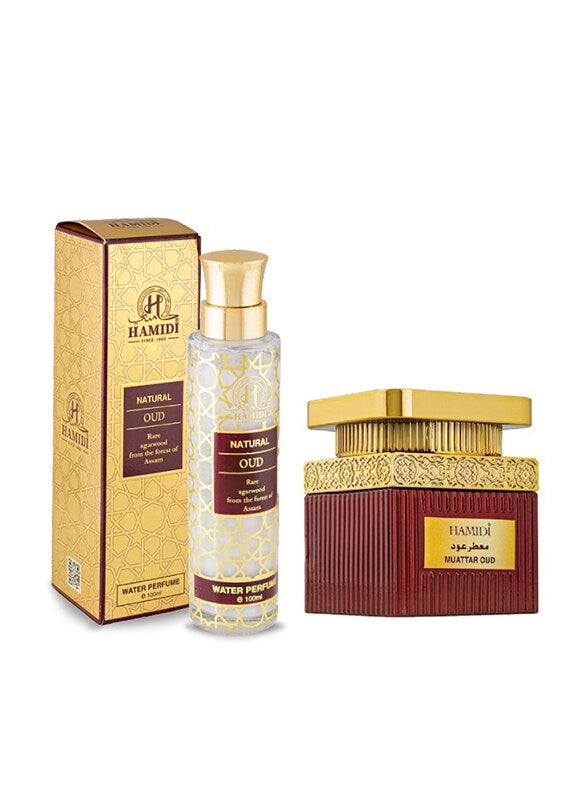 Hamidi 2-Piece Luxurious Natural Oud Arabic Fragrance Gift Set Unisex, 100ml Water Perfume, 50gm Bakhoor Muattar
