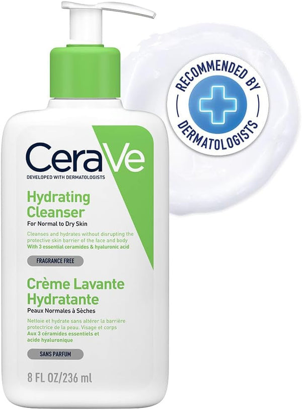 CeraVe Hydrating Cleanser | Face and Body Wash for Normal to Dry skin with Hyaluronic Acid and Ceramides | Fragrance Free Paraben Free |8Oz, 236 ML