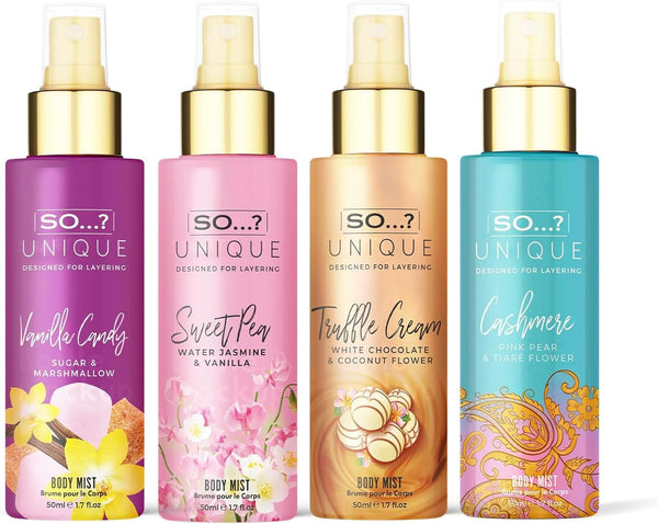 So…? Unique Mini Mist Womens Gift Set with Vanilla Candy, Sweet Pea, Truffle Cream, & Cashmere, Body Mist Fragrance Spray Set (4 x 50ml)
