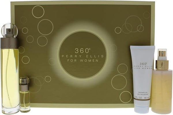 Perry Ellis 4-Piece 360° Gift Set for Women, 100ml EDT, 118ml Body Mist Spray, 90ml Shower Gel, 7.5ml Purse Spray