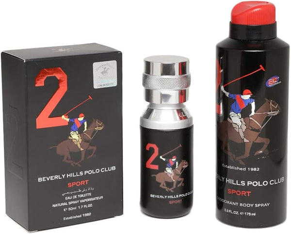 Beverly Hills Polo Club 2-Piece Sport No.2 Gift Set for Men, 50ml EDT, 175ml Deodorant Spray