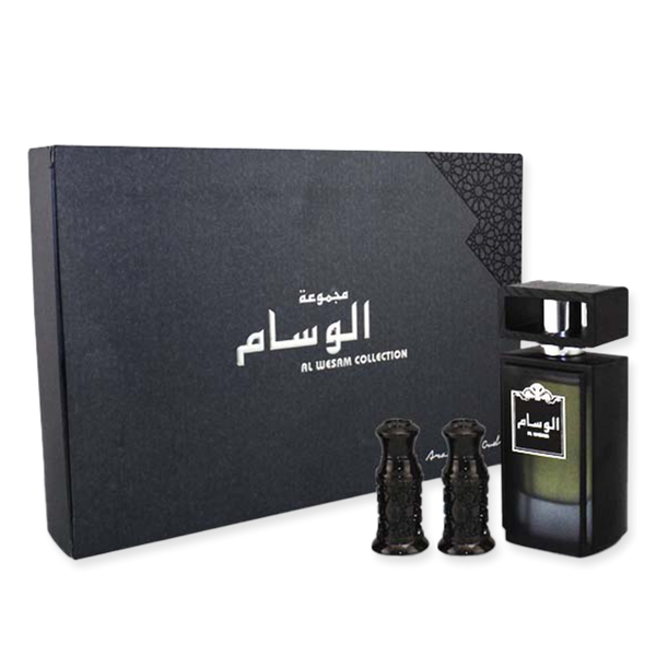Arabian Oud 5-Piece Al Wisam Collection Gift Set Unisex, Maajoun Al Arabia 50gm, Royal Mabthooth 40gm, Musk 4gm, Sultan 4gm EDP, 1 Spray Vial